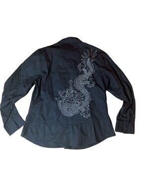 Spanner Black Long Sleeve Button-Down Shirt with Dragon Embroidery – Size 14